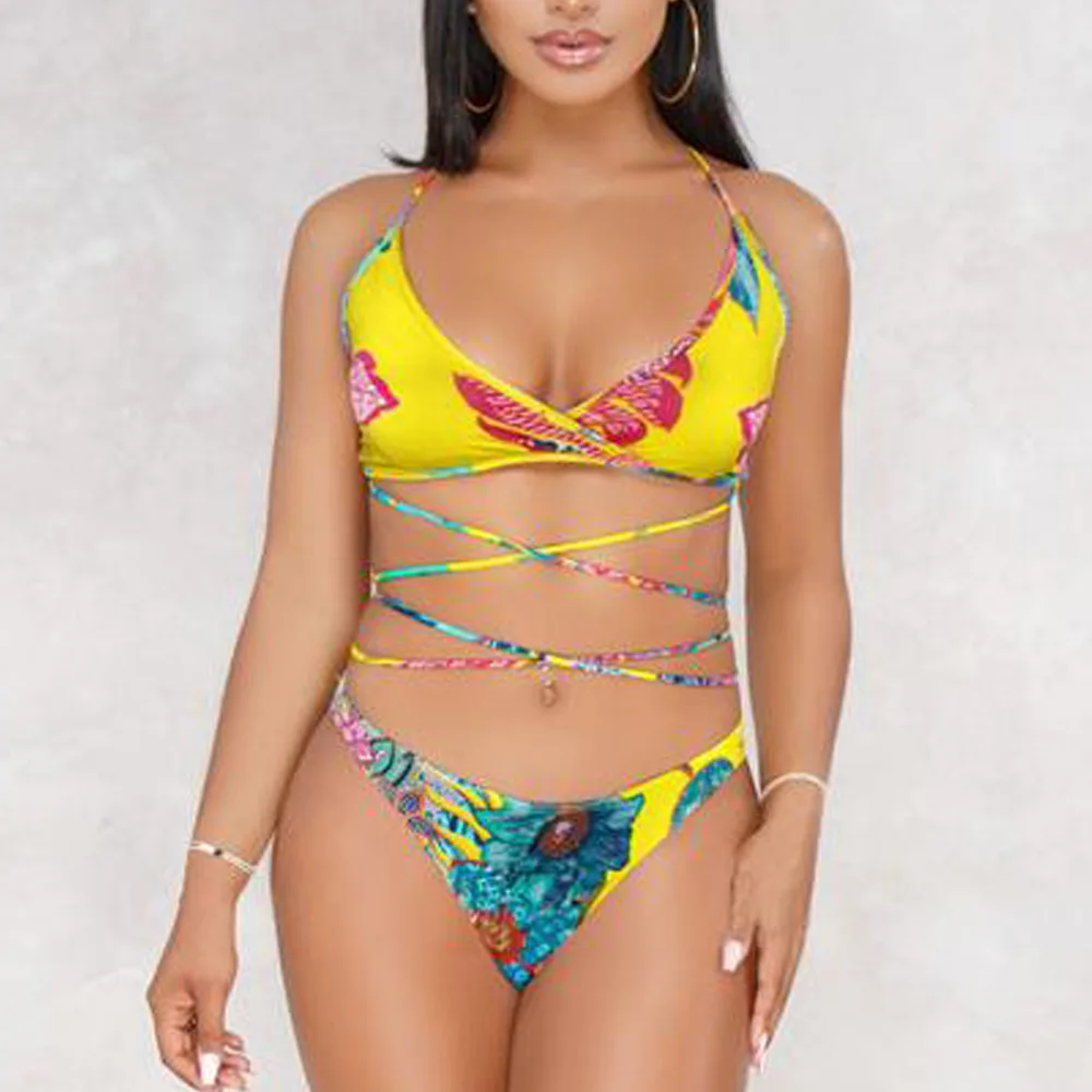 2019 New Sexy Printed Triangle Bikini Muti-rope Push Up Halter Femme Swimsuit Bathing Suit Women Set High Waist Swimwear |
