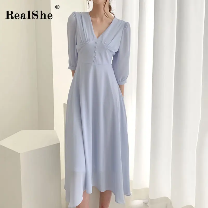 RealShe Fashion Women Dress Ladies V Neck Half Sleeve Button Solid White Dress Robe Ladies Summer Elegant Casual Long Dresses