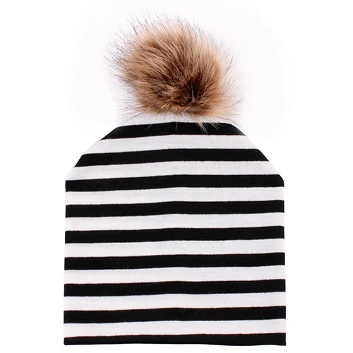Baby Stripe Black Модная детская шапка, детская шапка из искусственного меха, хлопковая шапка с помпоном для детей, зимние шапки для мальчиков и девочек, шапки из искусственного меха - Цвет: Baby Stripe Black