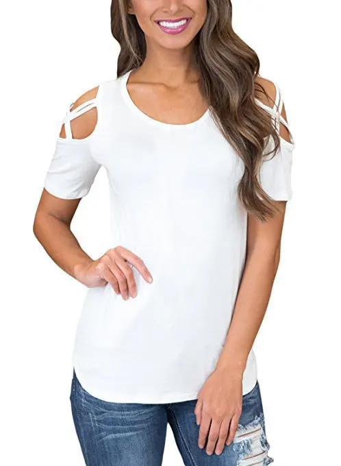 B1239 white Новое поступление Лето повседневная женская футболка круглый вырез короткий рукав с открытыми плечами сексуальные рубашки пакет бедра женская рубашка летние топы - Цвет: B1239 white