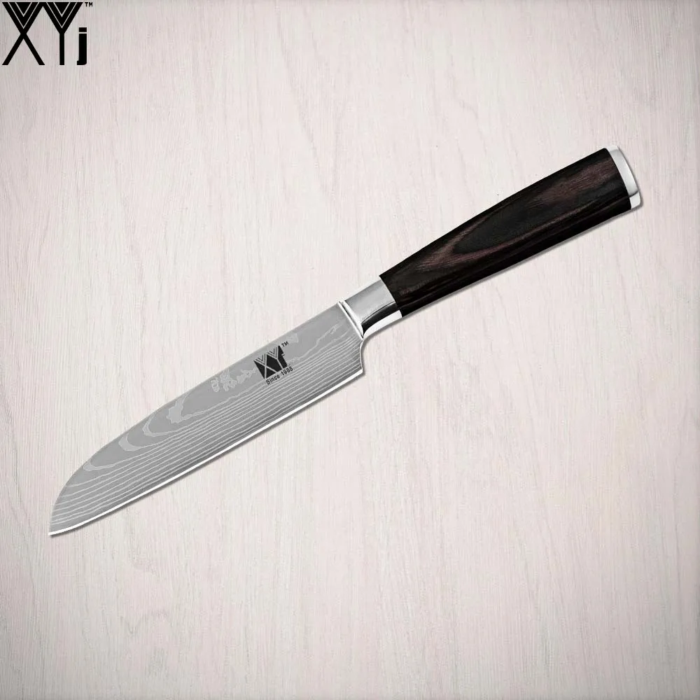 XYj 7Cr17 кухонный нож из нержавеющей стали с цветной деревянной ручкой высокого качества кухонные инструменты для приготовления пищи 5 дюймов нож Santoku изогнутая ручка