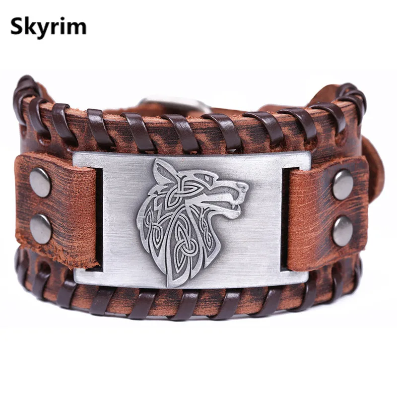 wolf head 4 Skyrim Викинг-волк голова металлический Шарм Широкий Кожаный Браслет-манжета подростковый волк скандинавские регулируемые винтажные браслеты панк ювелирные изделия для мужчин - Окраска металла: wolf head 4
