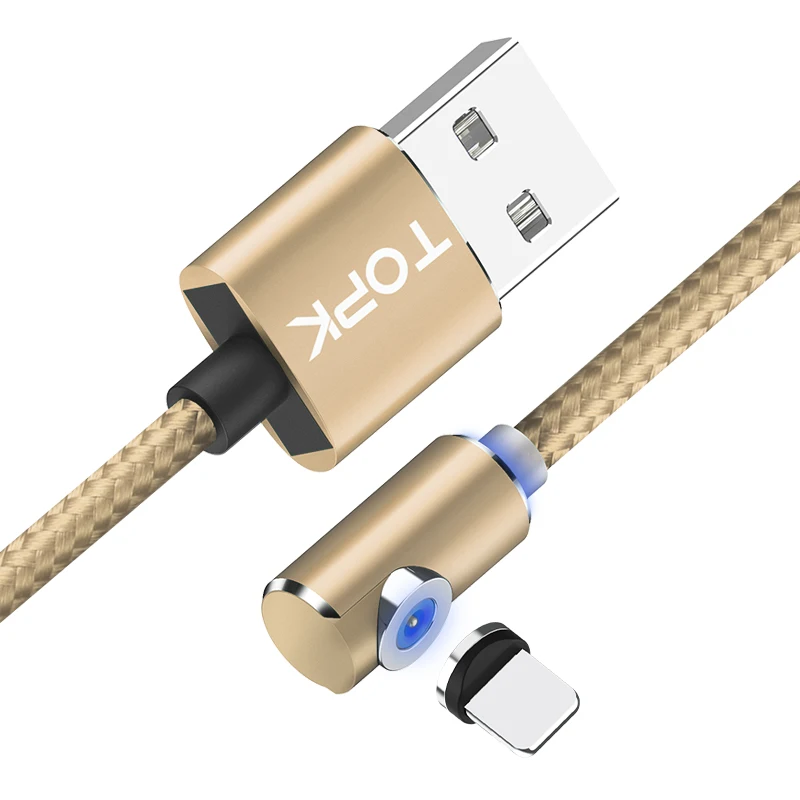 TOPK AM51 90 градусов светодиодный Micro USB кабель Магнитный зарядный кабель для iPhone samsung Xiaomi usb type C Магнитный зарядный кабель адаптер - Цвет: Gold Cable