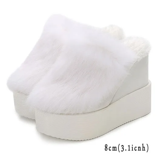 white 8cm Модная обувь; коллекция года; женские Фетиш меховые шлепанцы; шлепанцы на платформе; обувь на платформе с натуральным мехом для стриптиза; 5; обувь на танкетке с розовым кроликом; сезон зима - Цвет: white 8cm