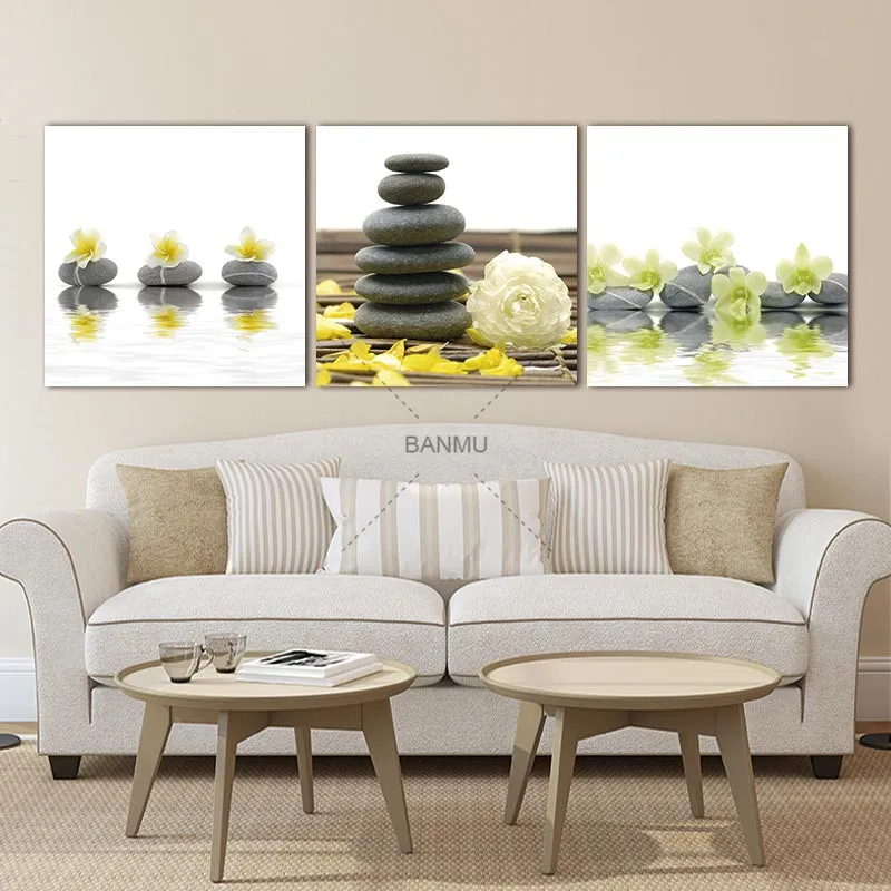 Pictures Prints on Canvas Wall Artwork 3 Pieces Yellow Flowers with Black Stone Modern Giclee Spa Zen Walls Art Work for Decor | Дом и сад