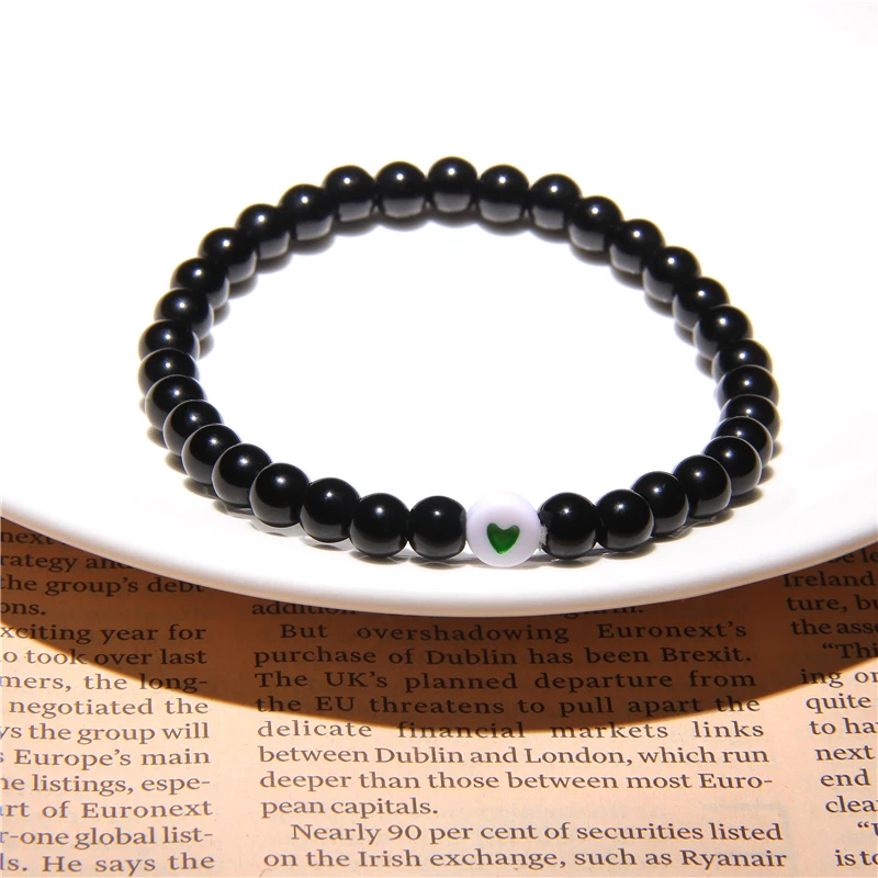 Pink Love Heart Round Flat Beads Woman Bracelets Natural Polished Black Gem Stone Beaded For Girl Friendship Bangles | Украшения и
