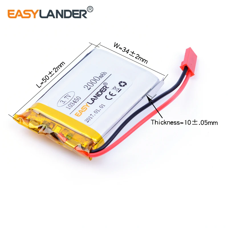 103450 3.7V 2000mAh Rechargeable Li-Polymer Li-ion Battery For mp3 mp4 mp5 toys DVR GPS PDA Tools Speaker with JST plug 983450 |