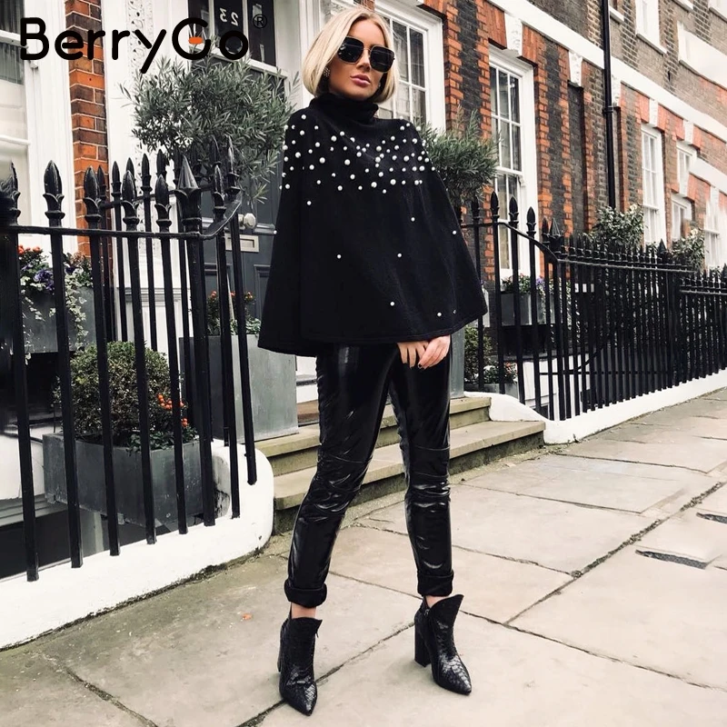 Женский вязаный свитер BerryGo элегантный жемчужный плащ-водолазка с бусинами