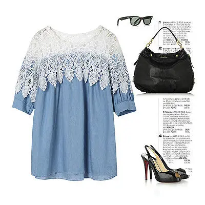 Женские джинсовые кружевные блузки с коротким рукавом повседневные рубашки