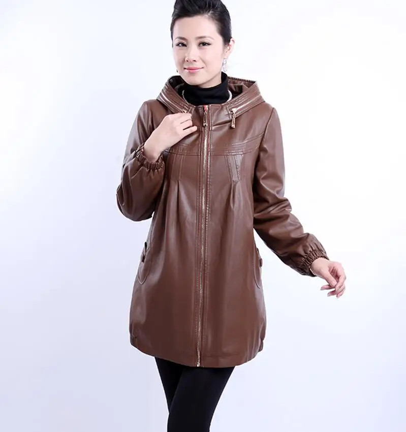 Женское кожаное пальто размера плюс 6XL, новинка, черная кожаная куртка, женская верхняя одежда, длинная облегающая мотоциклетная Женская кожаная одежда красного цвета
