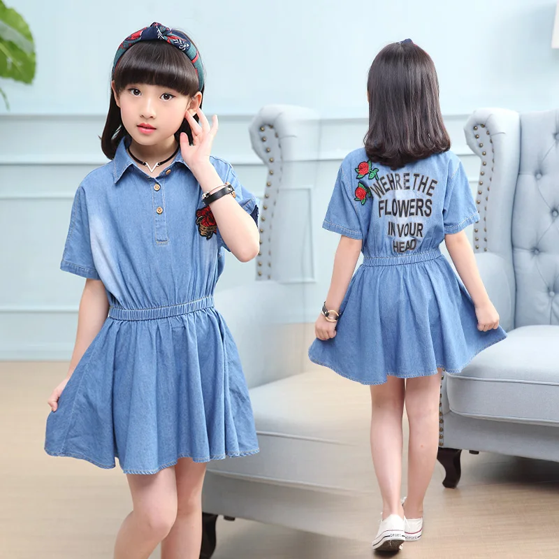 Kids Dresses For Girls Summer Toddler Girl Casual Dress Newest Denim for 6 8 10 12 13 14 years | Детская одежда и обувь