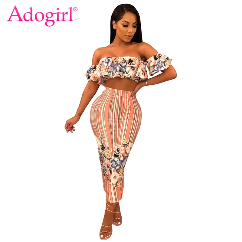 Adogirl Цветочный принт женский костюм из двух предметов с открытыми плечами