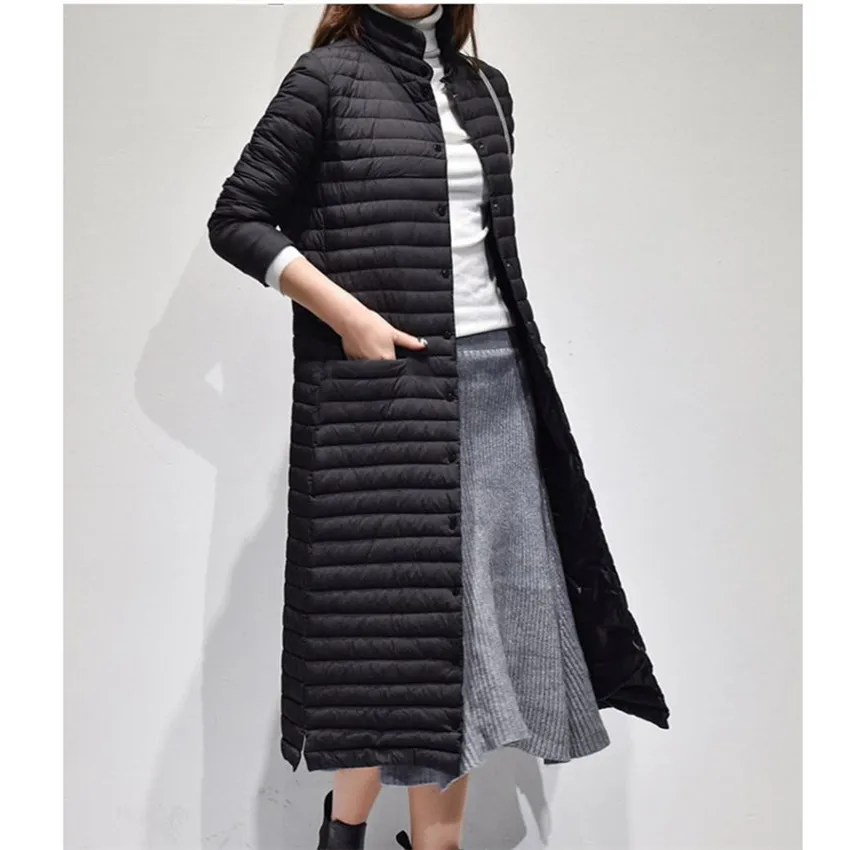 Новинка осени 2018 элегантный женский длинный пуховик на белом утином пуху тонкий