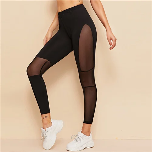 Черный SweatyRocks, черные обтягивающие леггинсы с сетчатой вставкой, женская одежда для активного отдыха, прозрачные сексуальные леггинсы, летние повседневные модные однотонные леггинсы - Цвет: Черный