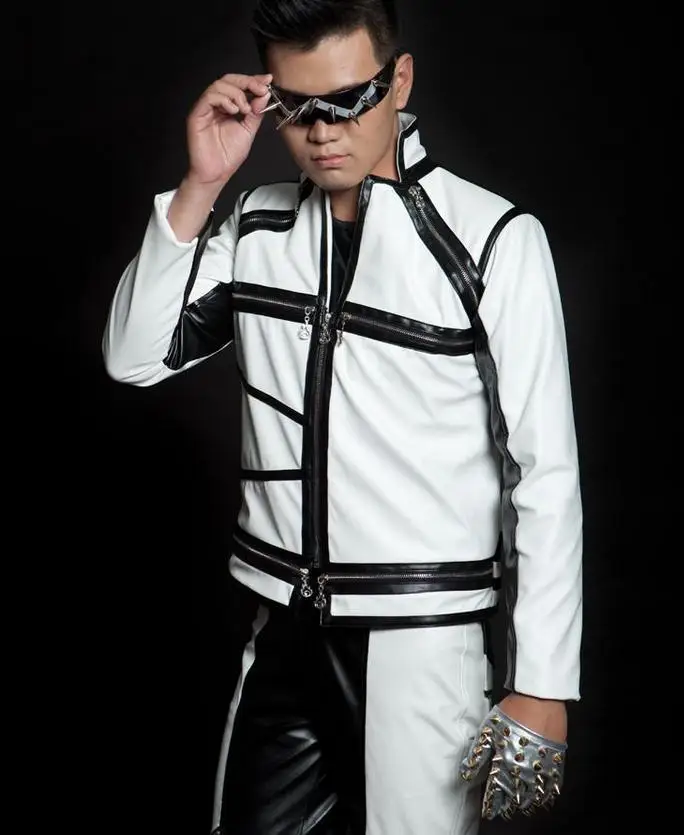 Мужская короткая куртка из искусственной кожи черная белая для мотоциклов |