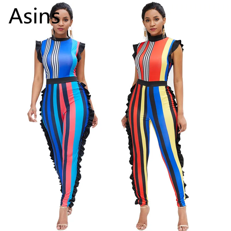 

Asins rompers womens jumpsuit 2019 summer new hot casual fashion o neck ruffles striped printing elastic force sexy jumpsuits