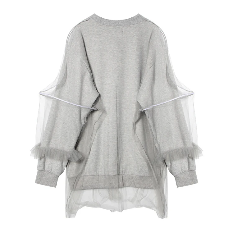 light gray LANMREM Новая модная серая Лоскутная сетчатая двухслойная Женская толстовка большого размера с длинным рукавом и круглым вырезом LA75302 - Цвет: light gray