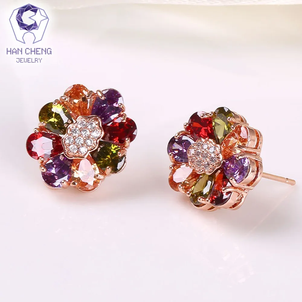 HanCheng New Fashion Luxury Copper Golden Plated Nail AAA Zircon Gem Stone Flower Stud Earrings For Women Jewelry brincos bijoux | Украшения