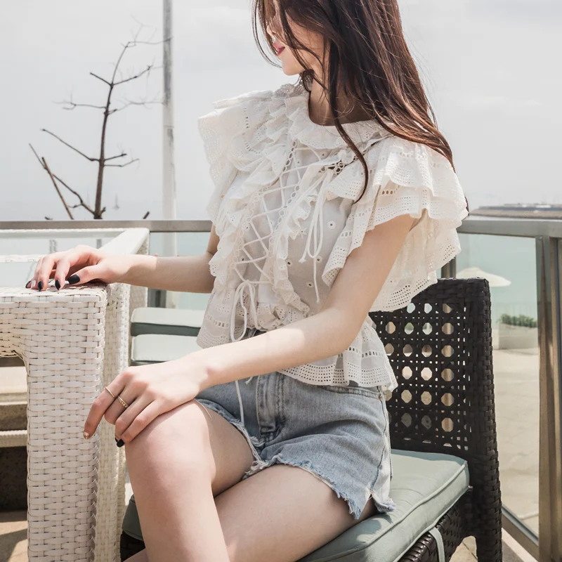 WHITNEY WANG 2019 летняя модная уличная дизайнерская блузка с оборками на шнуровке для