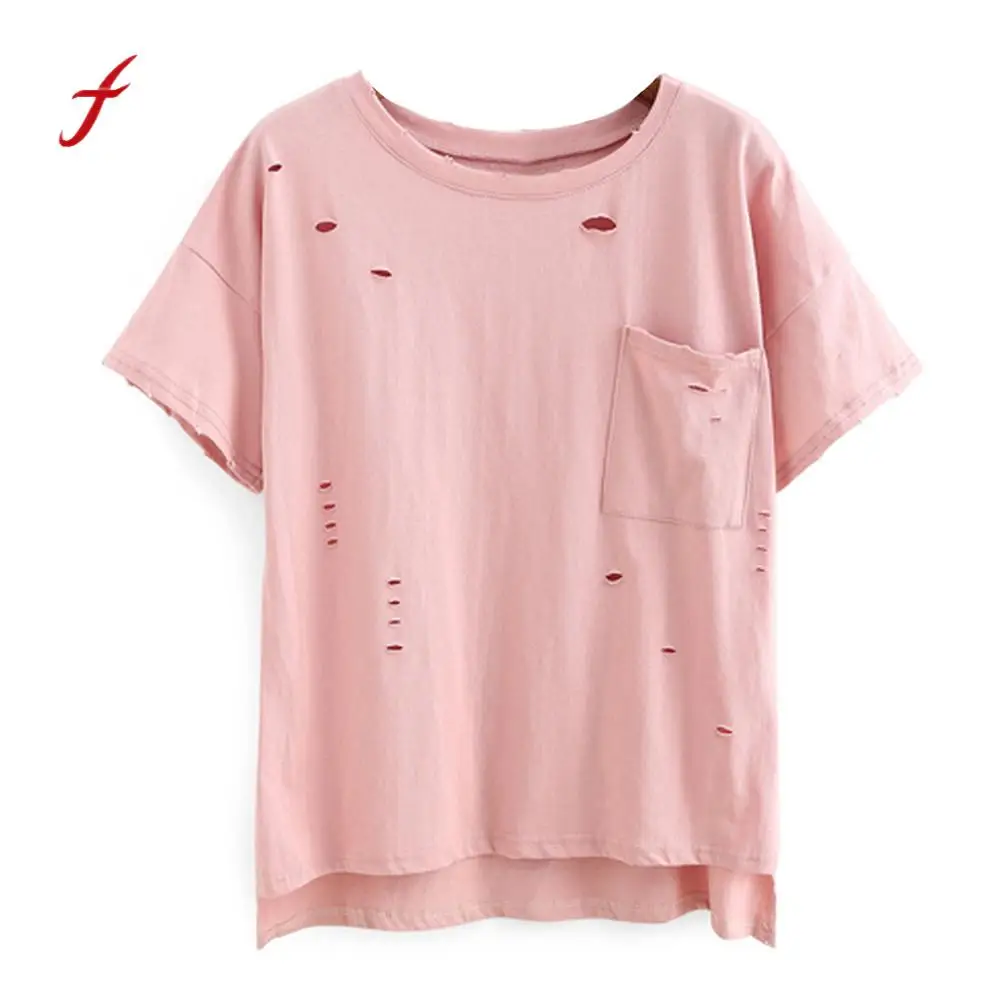 Women Loose Short Sleeve T Shirt Hole Solid Casual Girls Female Pocket Stylish Fashion Cotton Top Pink Sweet | Женская одежда