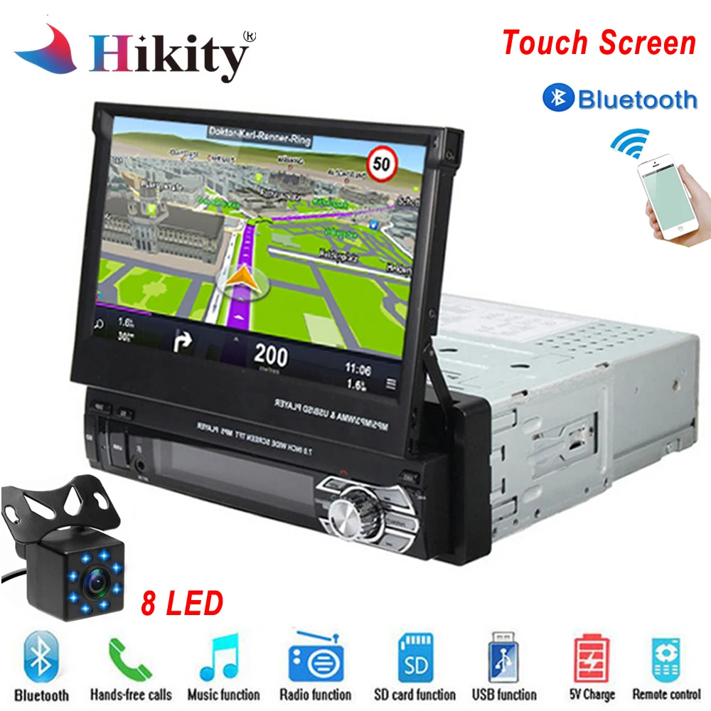 Автомобильный мультимедийный плеер Hikity 1 din, автомагнитола, gps навигация, стерео аудио радио, Bluetooth, выдвижной MP5 AUX-IN, FM, USB, Авторадио