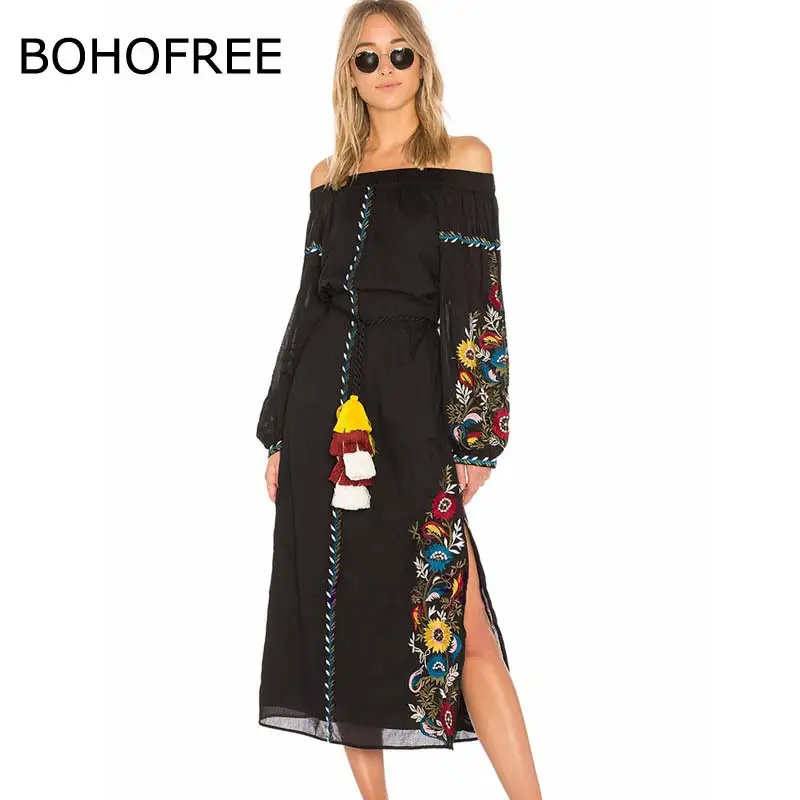 BOHOFREE 2018 греческое женское платье с вырезом лодочкой и цветочной вышивкой