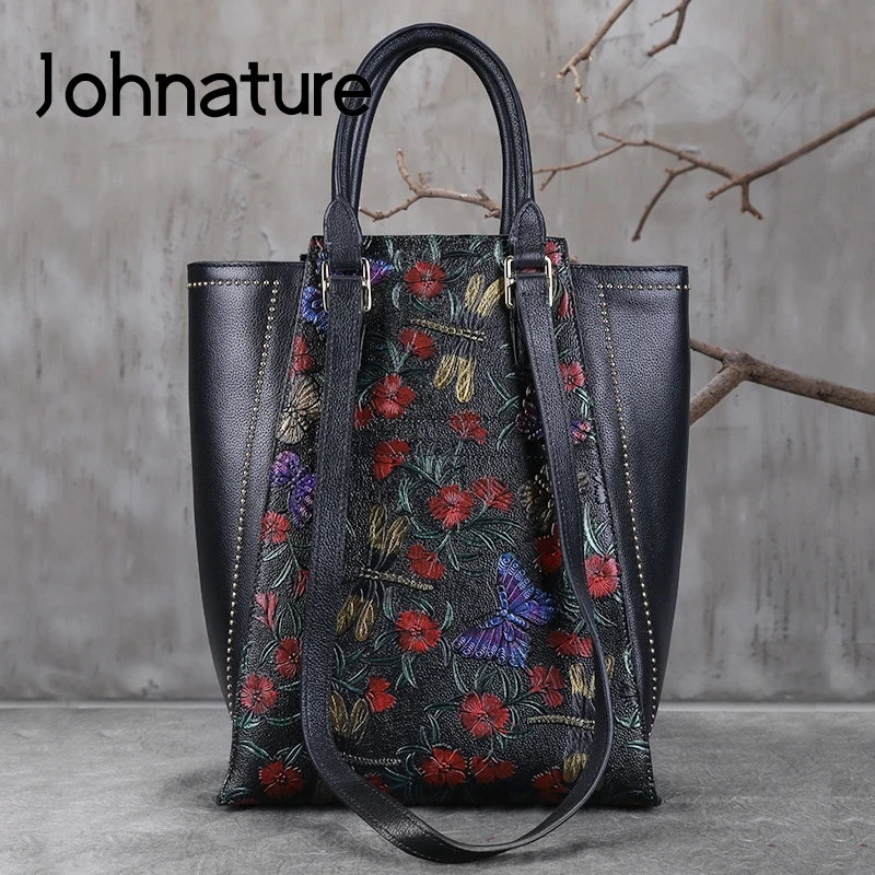 Женская наплечная сумка с тиснением Johnature мягкая однотонная из натуральной кожи