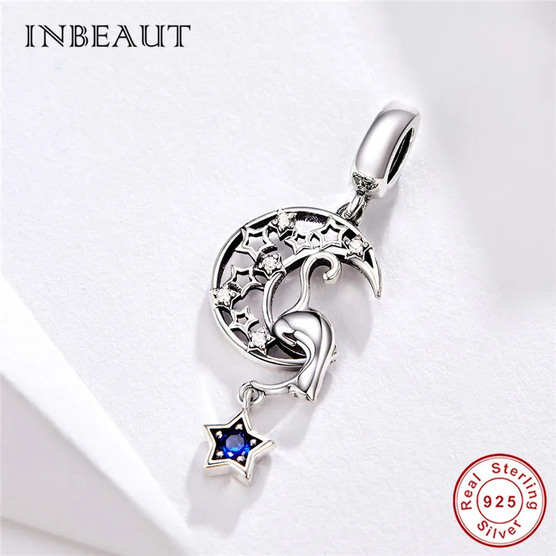 INBEAUT 100% настоящий 925 пробы Серебряный Синий Циркон Звезда Луна сонный Кот амулеты