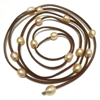 62 inches 9 10mm natural pink oval fresh water pearl long chain women coffee leather cord necklace