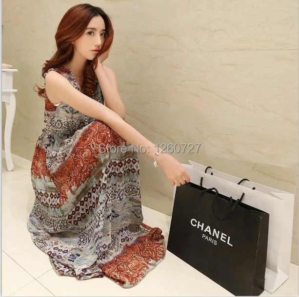 Retail 2014 New Design Fashion Printed Strap Beach Style Slim Chiffon Long Dress|fashion sexy dress|dress fashion modelsdresses old fashioned |