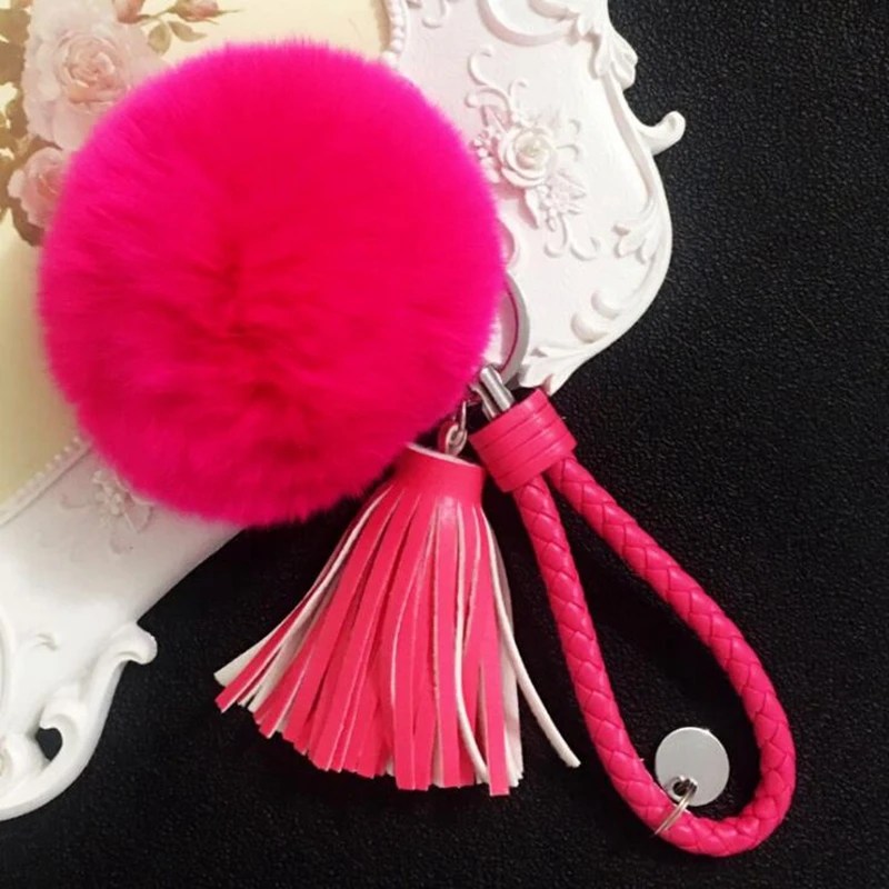 Милый брелок для ключей с кисточкой из натуральной кожи 8 см плюшевый помпоном