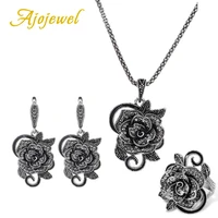 ajojewel black crystal rhinestone rose flower jewelry sets for women luxury vintage necklace ring earrings set creative gift
