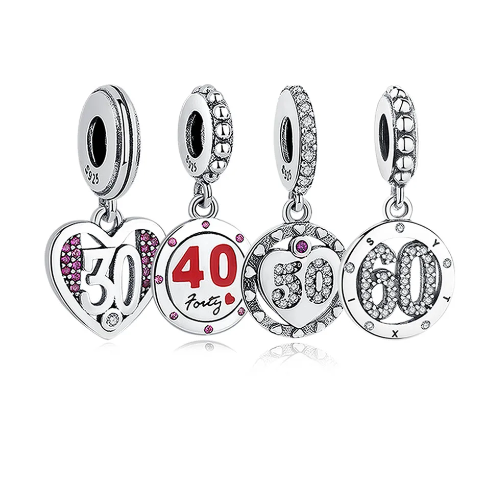 

Years Old 30 40 50 60 Number Lucky Dangle Charm 925 Sterling Silver Beads Fit Original Charm Bracelet Pendant Jewelry Making