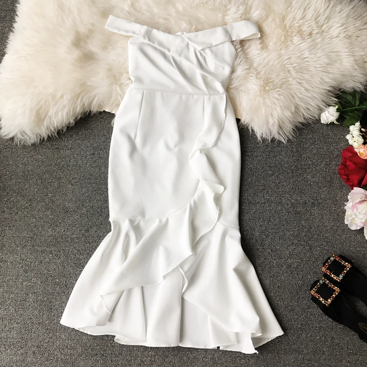 ALPHALMODA 2019 Лето Для женщин Slash шеи с оборками Vestidos Твердые Цвет Разделение Раффлед