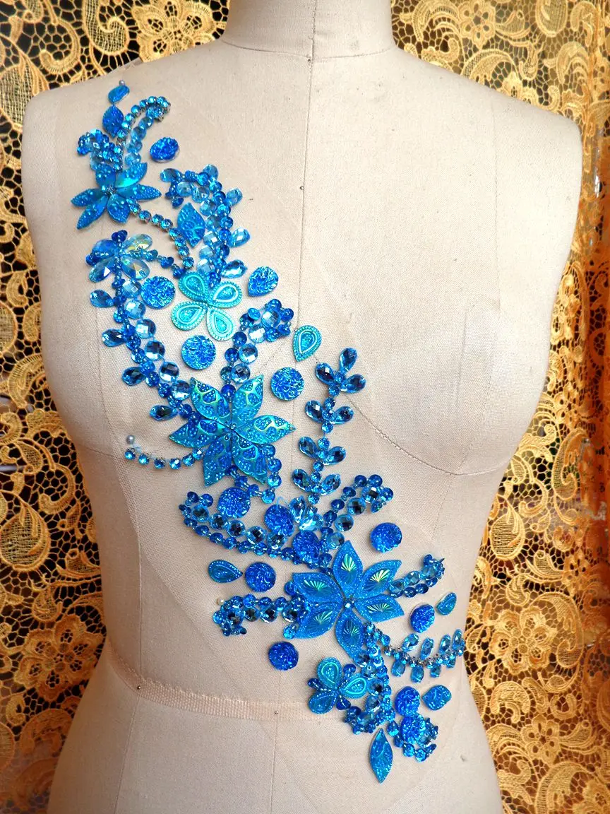 

Handmade sky blue crystal patches sew on Rhinestones applique with stones sequins beads 42*11cm for dress skirt