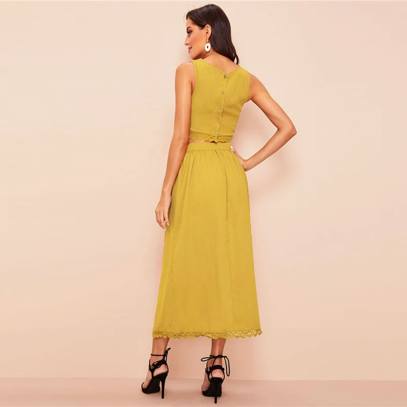 SHEIN 70s Топ С Пуговицами Сзади И Кружевной Отделкой И Юбка Комплект Женский Летний Элегантный Топ Без Рукавов И Юбка