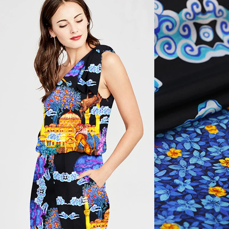 

140*120CM 19MM Castle Print Blue Yellow Silk Fabric for Summer Dress Shirt Autumn Scarf DE563