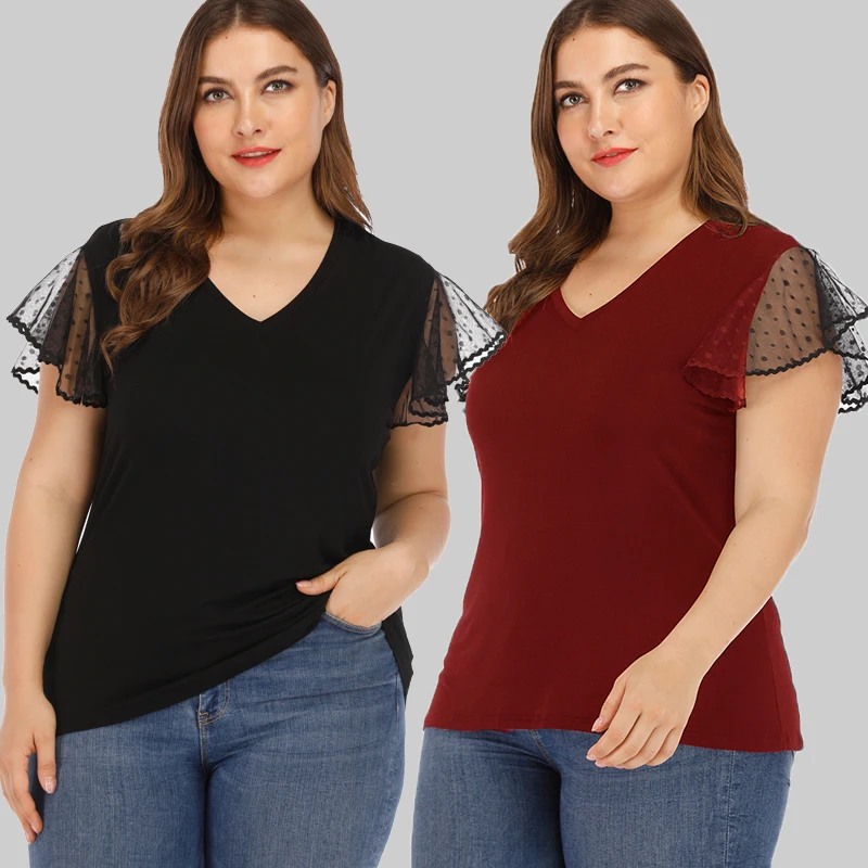 Women Plus Size 5XL Sheer Mesh blouse Polka Dot Lace V Neck Short Sleeves High Waist Slim Casual Tees Ladies Summer Tops |