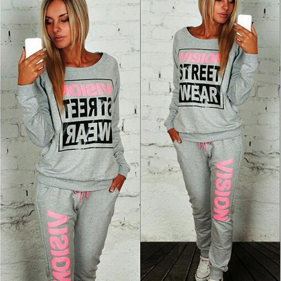 Zogaa Women Tracksuit 2 Piece Matching Set Black Gray Sweatsuit Casual Printed Long Sleeve Pullovers and Pants |