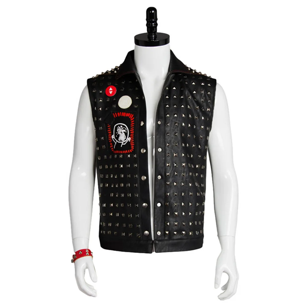 Маска ренча из watch dogs 2 Watch Dogs 2 Wrench Cosplay Vest Black Faux Leather Dedsec Rivet Vests Costume&Mask Badges
