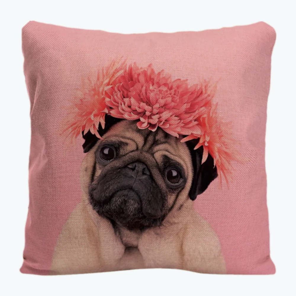 Наволочка с принтом мопса и цветов Вишневый Розовый декоративный чехол для
