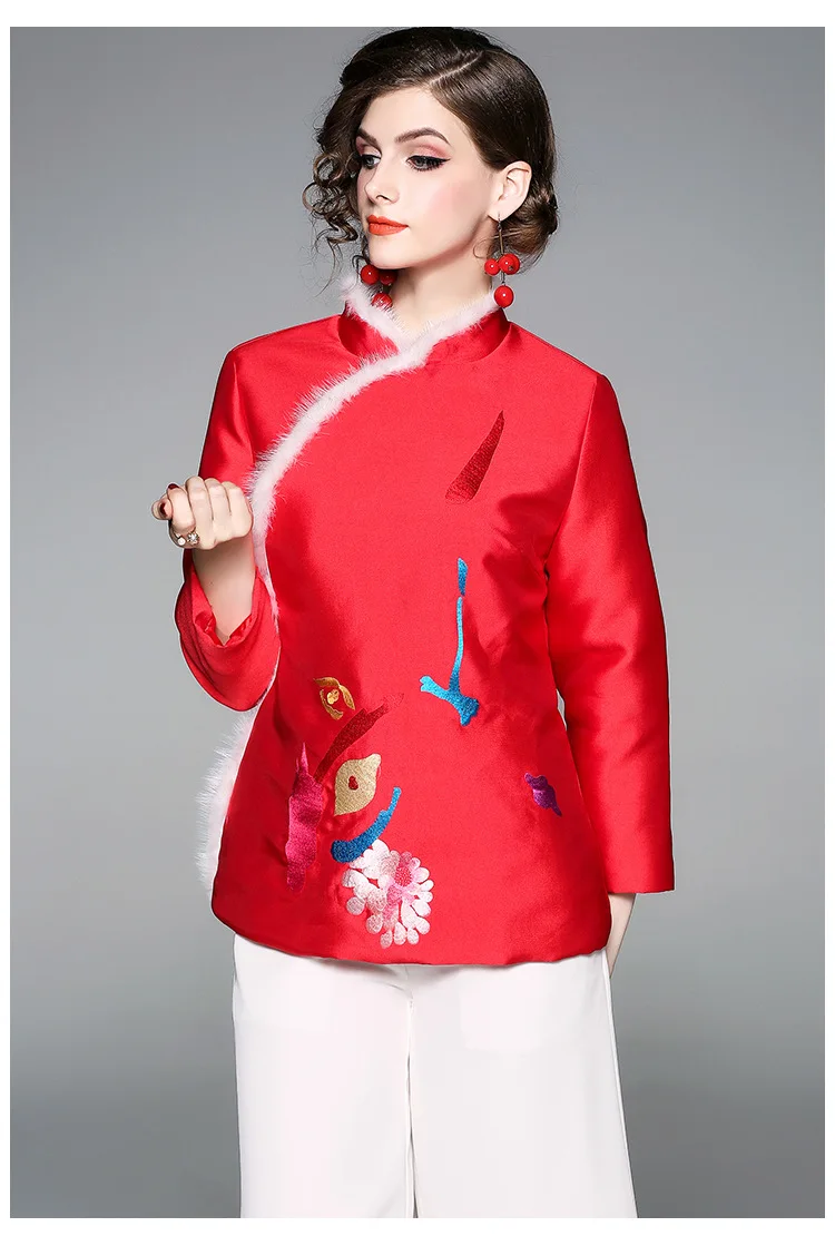 

winter original Chinese style flower Embroidered mink hair edge Pan button cheongsam style jacket with cotton lining for women