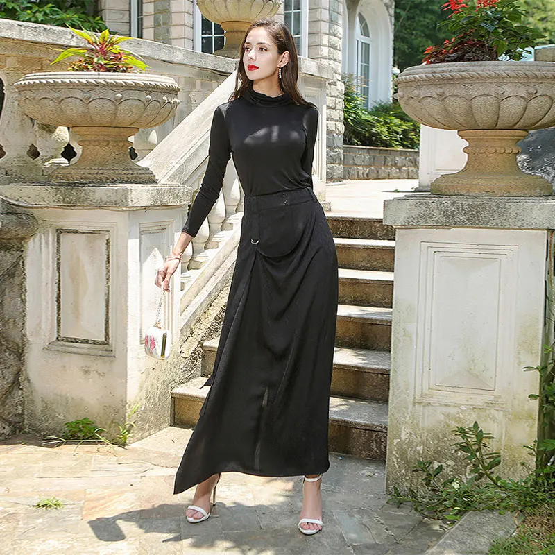 Черные шелковые широкие брюки палаццо VOA повседневные женские размера плюс с