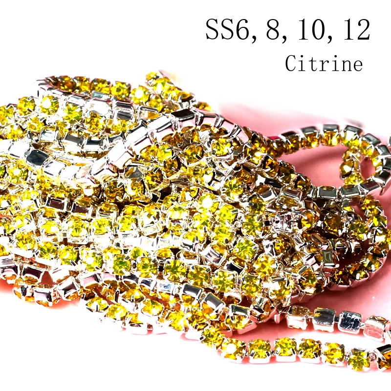 

SS6,8,10,12 10m All Size Citrine rhinestone cupchain rows trim silver setting tone banding pretty garment accessories