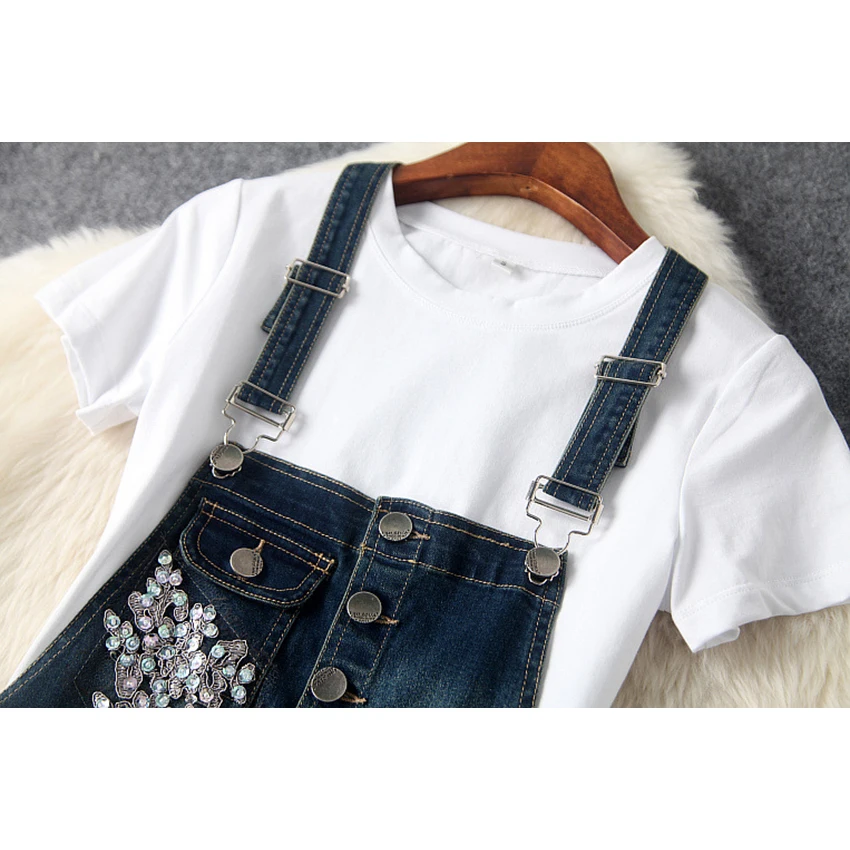 

Women Denim Dress 2017 Summer Autumn Casual Fashion Floral Lace Embroidery Patchwork Suspenders And White Cotton T Shirts