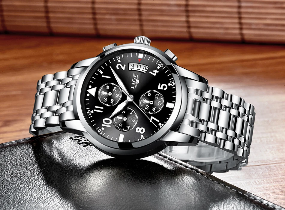 Mens Watches Top Brand Fashion Chronograph LIGE Black Quartz Watch Stainless Steel Automatic Date Watch Relogio Masculino