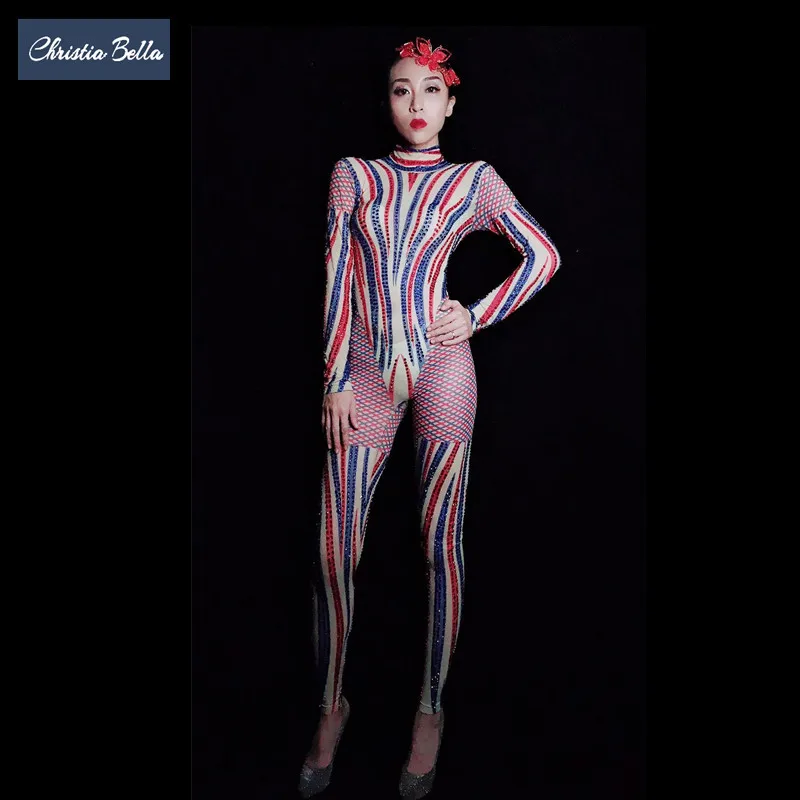 Christia Bella Sexy Print Women Jumpsuits Long Sleeve Rhinestone Bodysuits See Through Stage Rompers Nightclub Singer Costumes