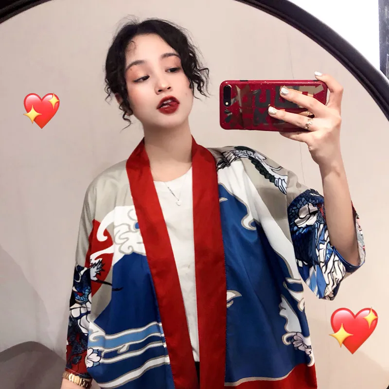 

Japanese Harajuku Vintage Female Summer Kimono Cardigan Long Sleeve V-neck Tops Coat Loose Sun-protective Shirts XZ289