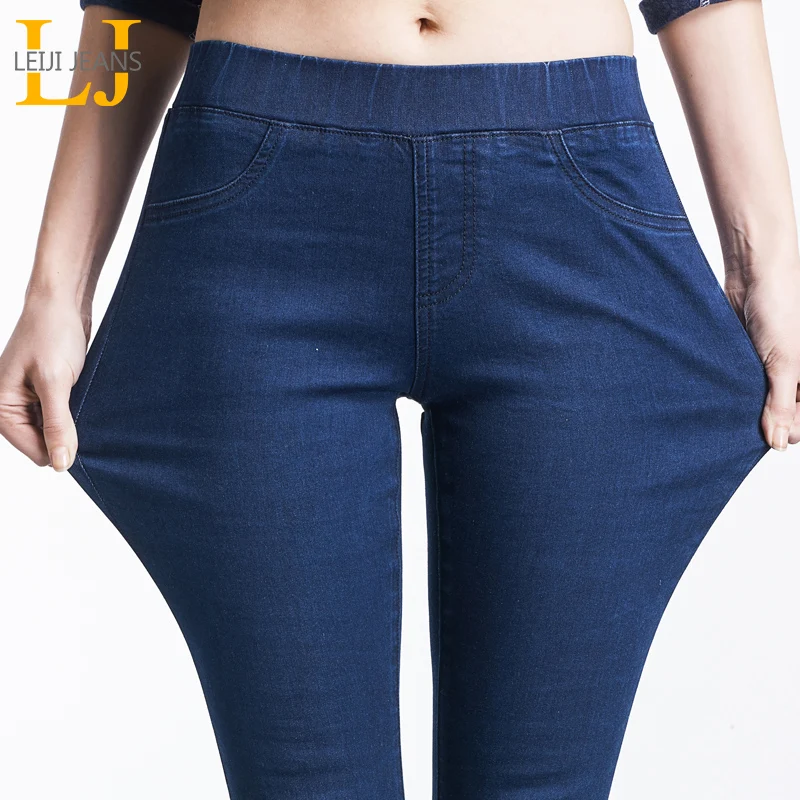 

LEIJIJEANS 2020 Spring And Summer Plus Size Mid Elastic Waist Stretch Ankle length mom Jeans for Women Skinny Pants Capris Jeans