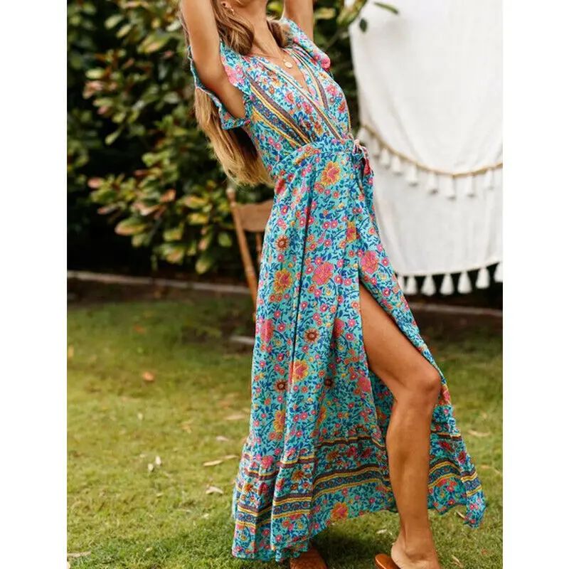 Женские Sommer Цветочные Boho lange Maxi Kleid Abend вечерние коктейльные пляжные
